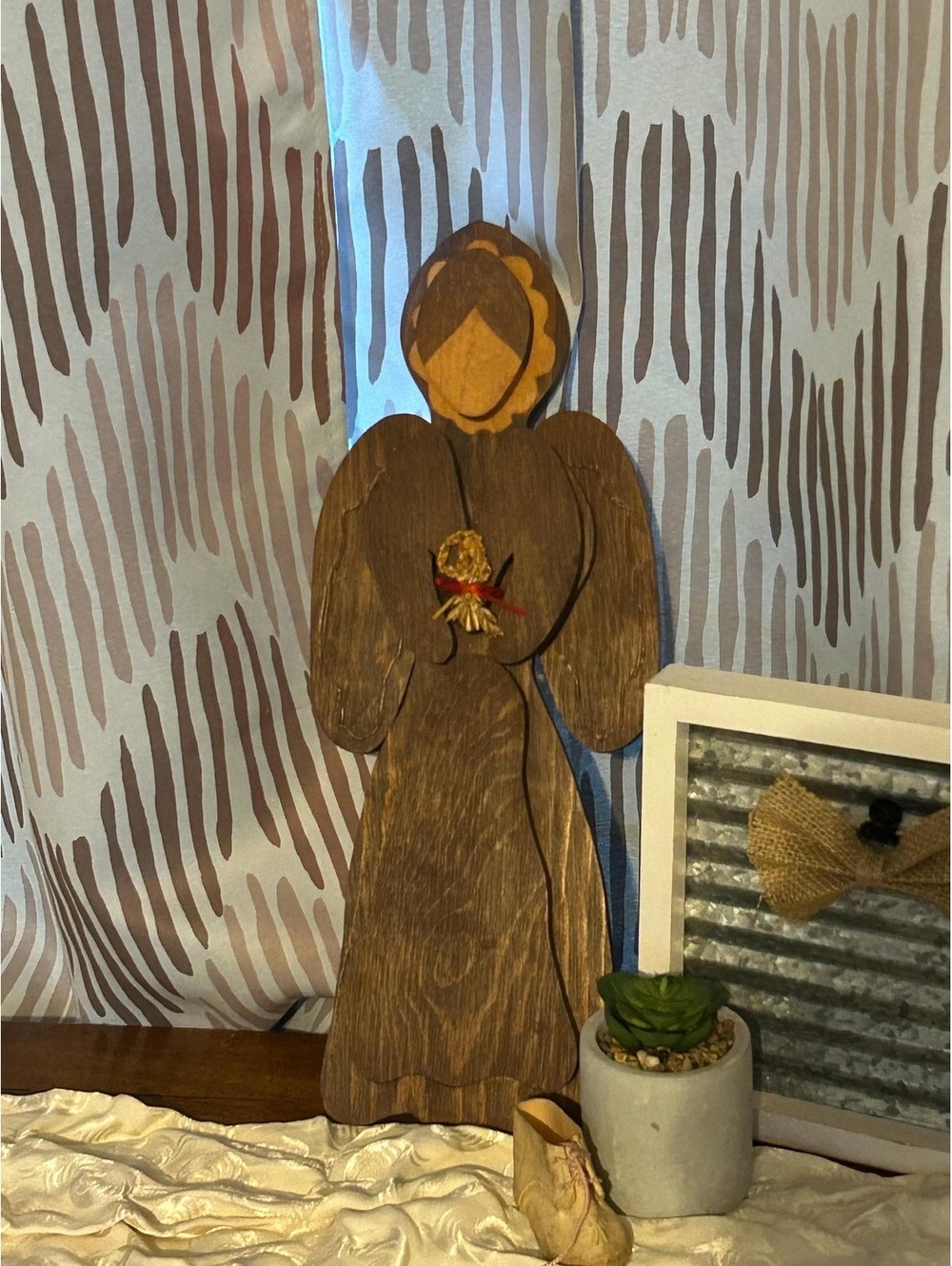Vintage Rustic Wooden Angel Figurine Holding Psalms Hand Crafted 16” Tall